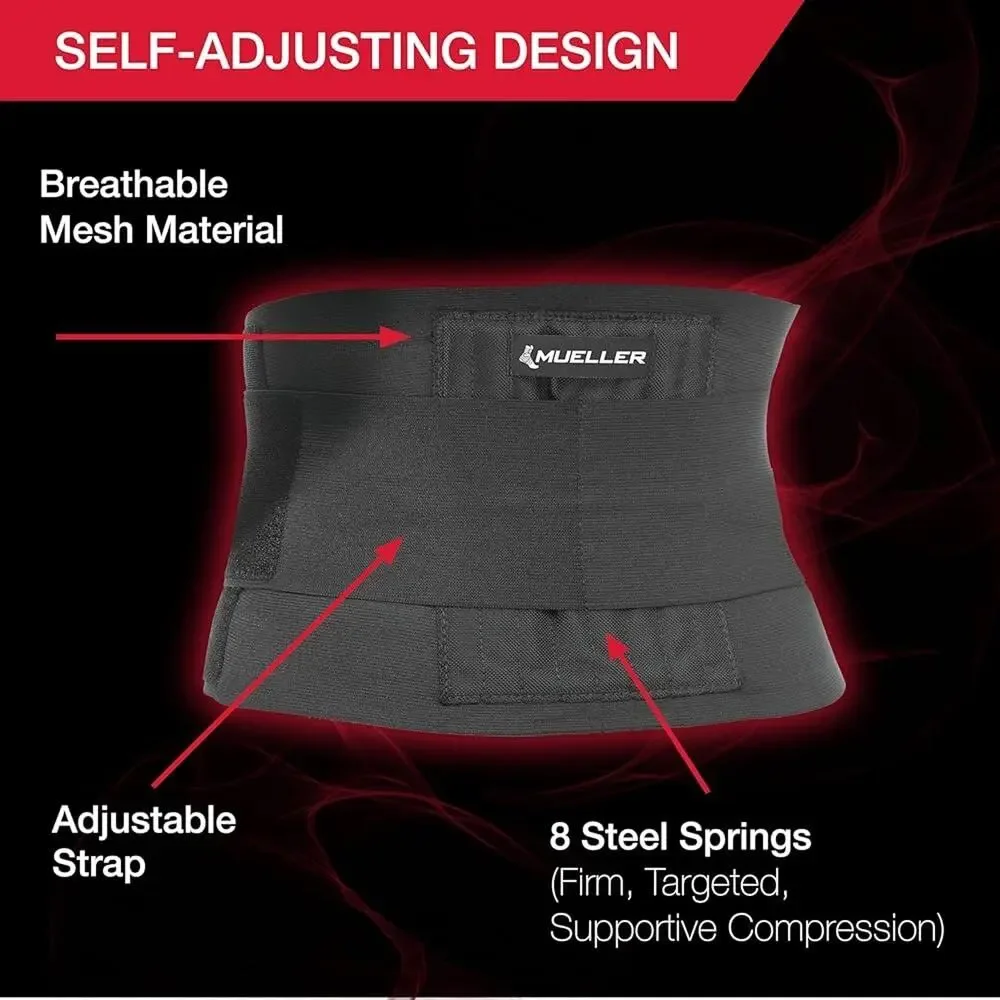 NEW MUELLER Black Unisex Adjustable Strap Back Brace Steel Rod Stretch Support
